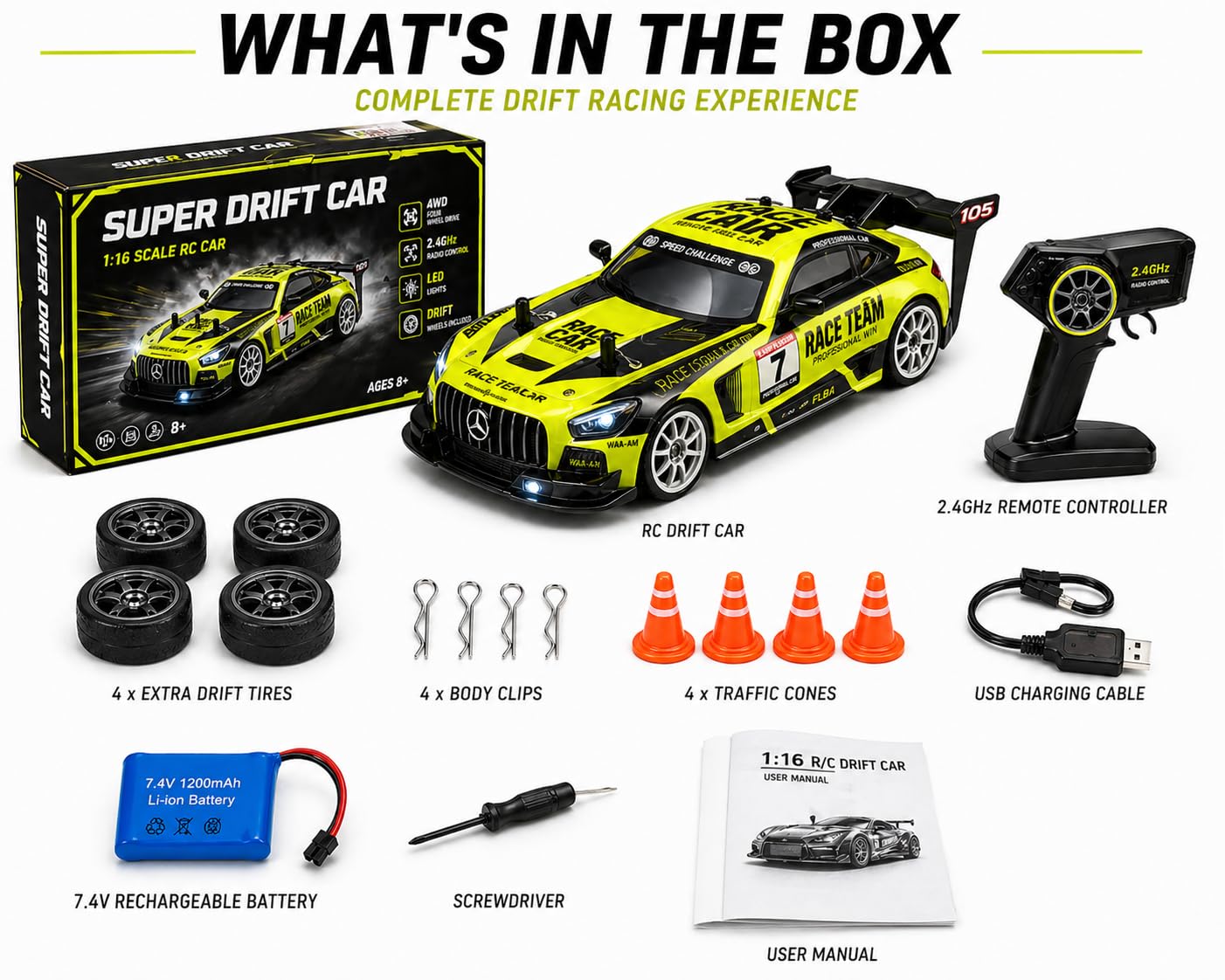 RCMania AMG 1:16 4WD Drift RC Car | 30km/h | 2.4GHz | LED Lights | Rechargeable | Extra Tyres & Cones | Multicolour