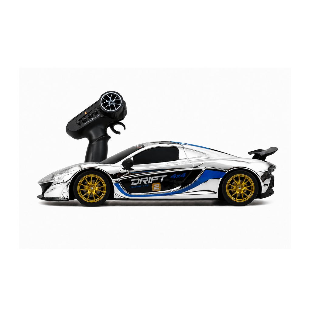 RCMania RC Drift Car 1:16 Scale 4WD 25KM/H High Speed Remote Control Drift Car with LED Lights, Extra Drift & Normal Tyres, Traffic Cones & Rechargeable Battery – Silver