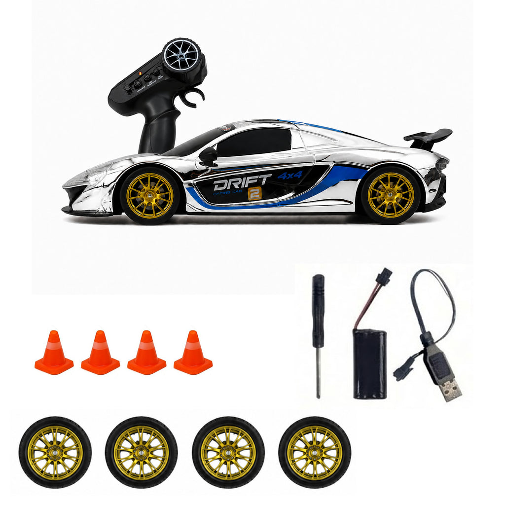 RCMania RC Drift Car 1:16 Scale 4WD 25KM/H High Speed Remote Control Drift Car with LED Lights, Extra Drift & Normal Tyres, Traffic Cones & Rechargeable Battery – Silver